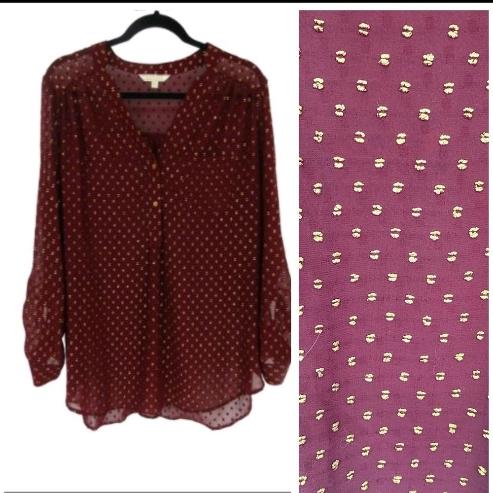 ModCloth Blouse Womens‎ XL Burgundy Gold Metallic Clip Dot Sheer Henley V-Neck